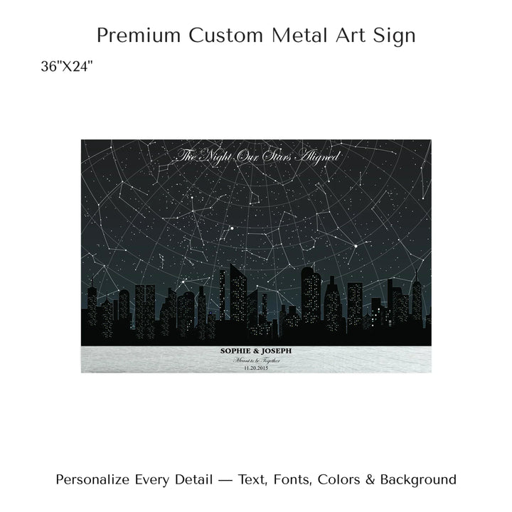Custom star map wall art featuring a black city skyline, personalized with names, date, and constellation star chart - 36x24 metal art sign-ARTFULANE