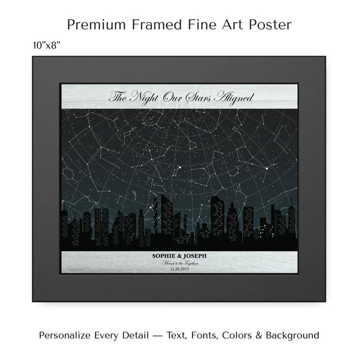 Custom star map wall art featuring a black city skyline, personalized with names, date, and constellation star chart - 10x8 framed poster-ARTFULANE