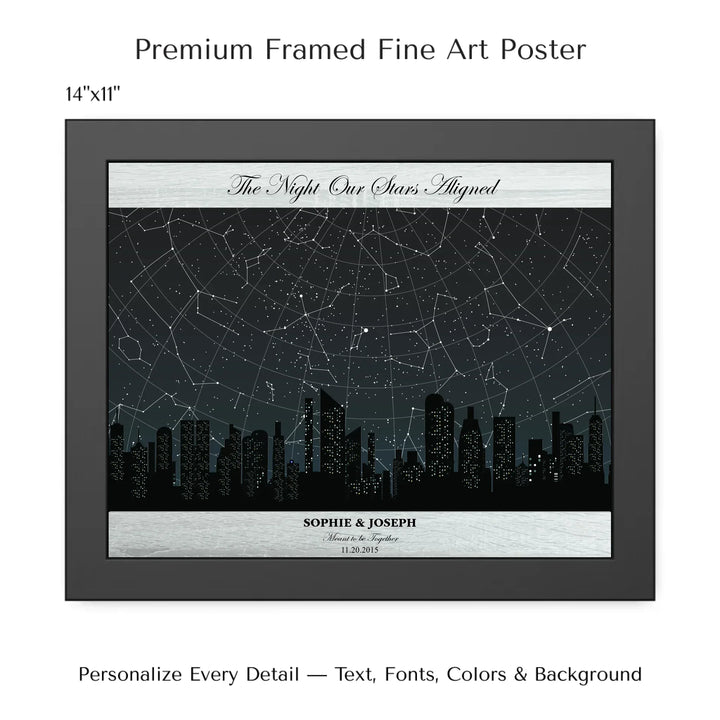 Custom star map wall art featuring a black city skyline, personalized with names, date, and constellation star chart - 14x11 framed poster-ARTFULANE