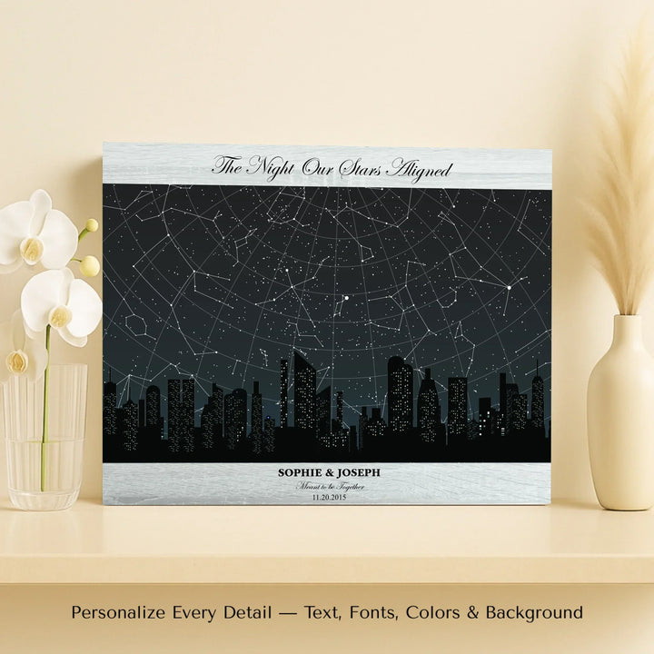 Custom star map wall art featuring a black city skyline, personalized with names, date, and constellation star chart - horizontal unframed canvas-ARTFULANE