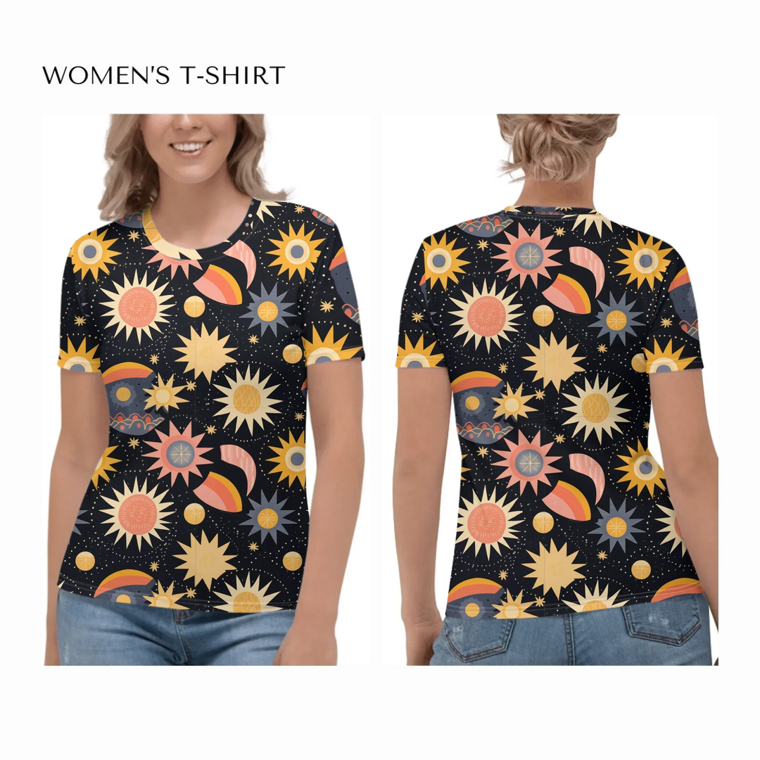 all-over-print-womens-crew-neck-t-shirt-on model-front-and-back-artfulane