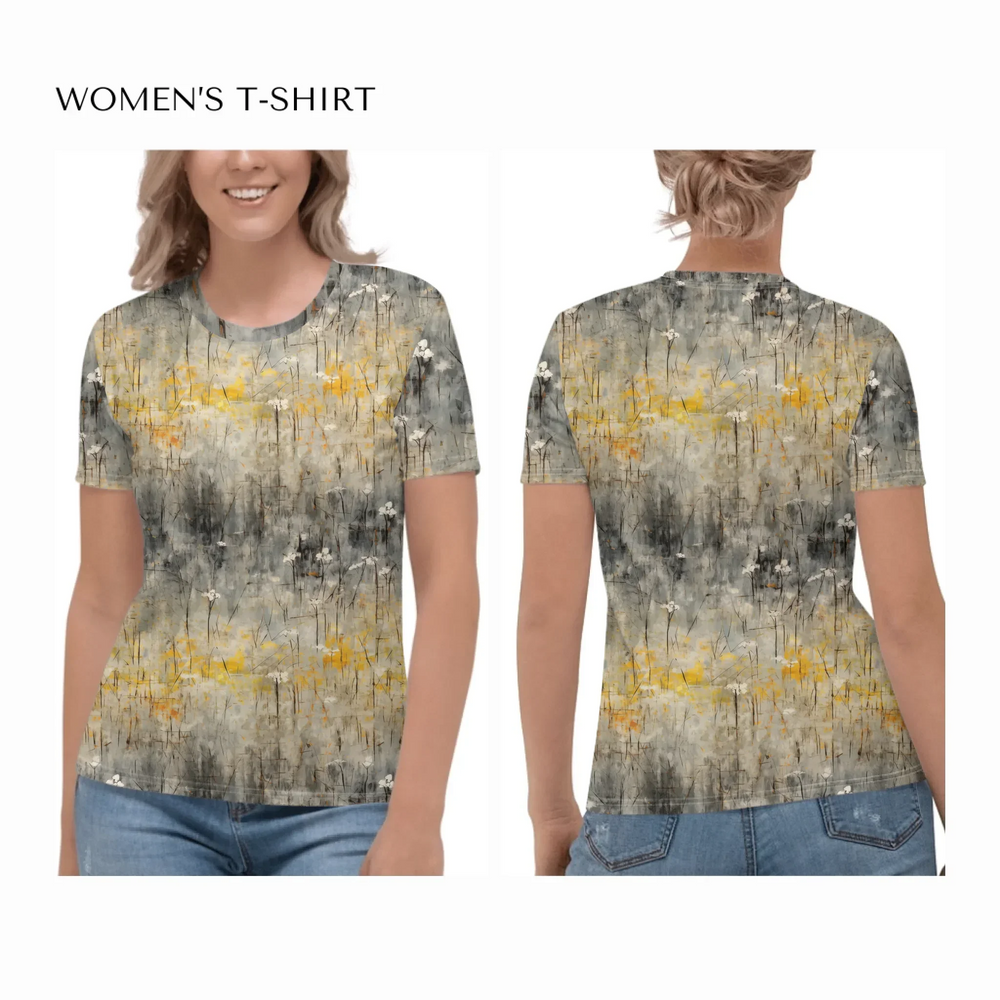 all-over-print-womens-crew-neck-t-shirt-on model-front-and-back-artfulane