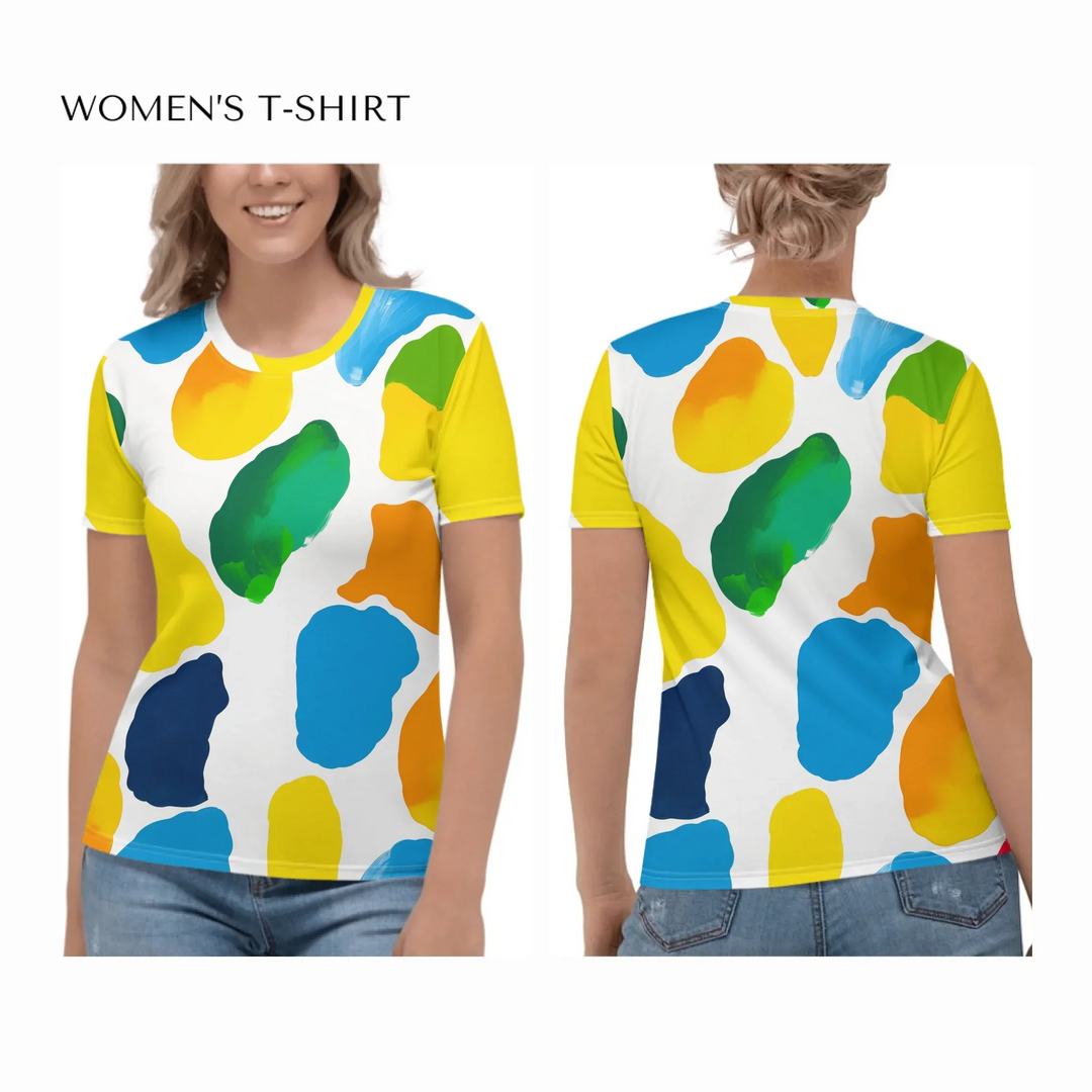 all-over-print-womens-crew-neck-t-shirt-on model-front-and-back-artfulane