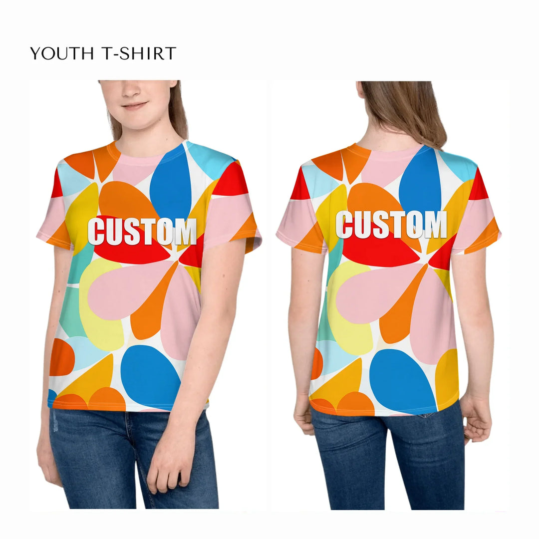 all-over-print-unisex-youth-crew-neck-t-shirt-on-girl-front-and-back-artfulane