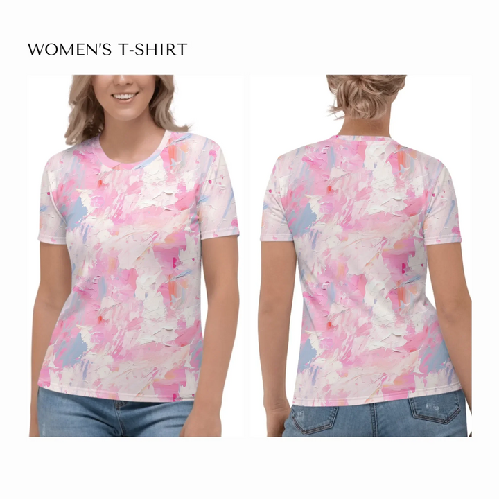 all-over-print-womens-crew-neck-t-shirt-on model-front-and-back-artfulane