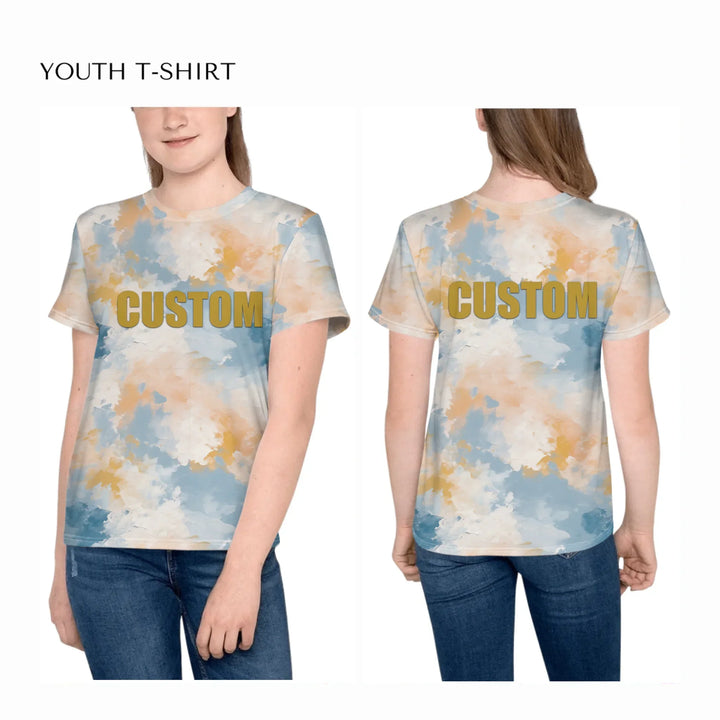 all-over-print-unisex-youth-crew-neck-t-shirt-on-girl-front-and-back-artfulane