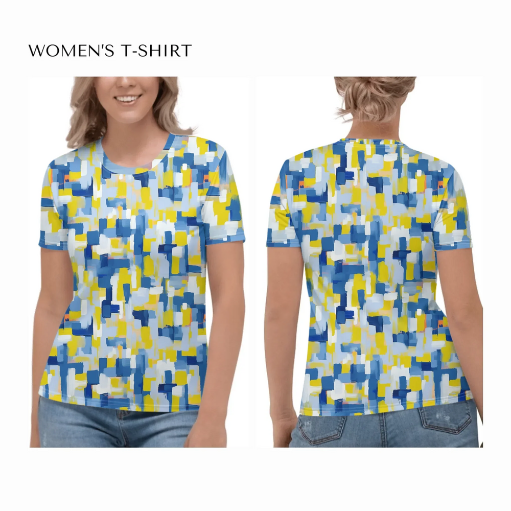 all-over-print-womens-crew-neck-t-shirt-on model-front-and-back-artfulane