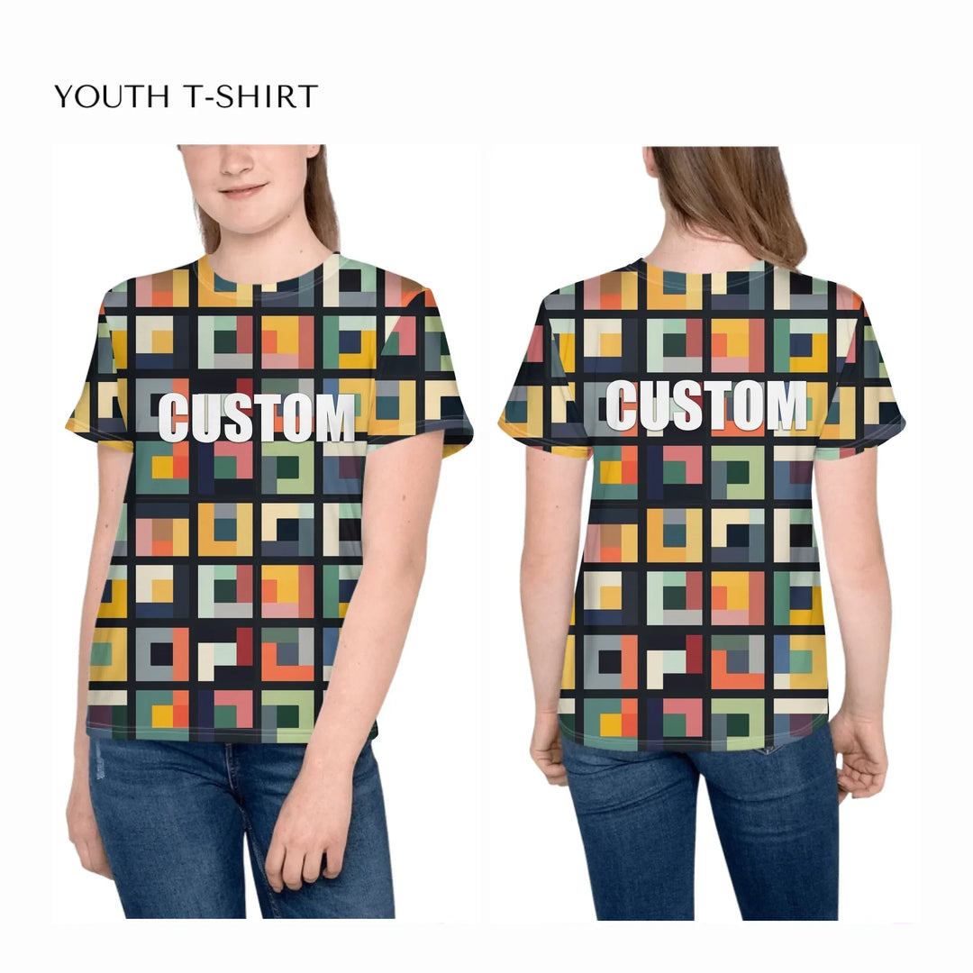 all-over-print-unisex-youth-crew-neck-t-shirt-on-girl-front-and-back-artfulane