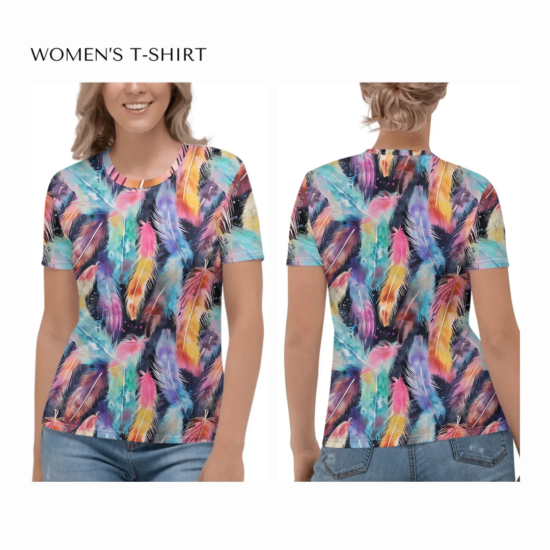all-over-print-womens-crew-neck-t-shirt-on model-front-and-back-artfulane
