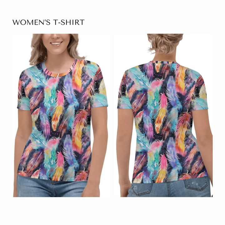 all-over-print-womens-crew-neck-t-shirt-on model-front-and-back-artfulane