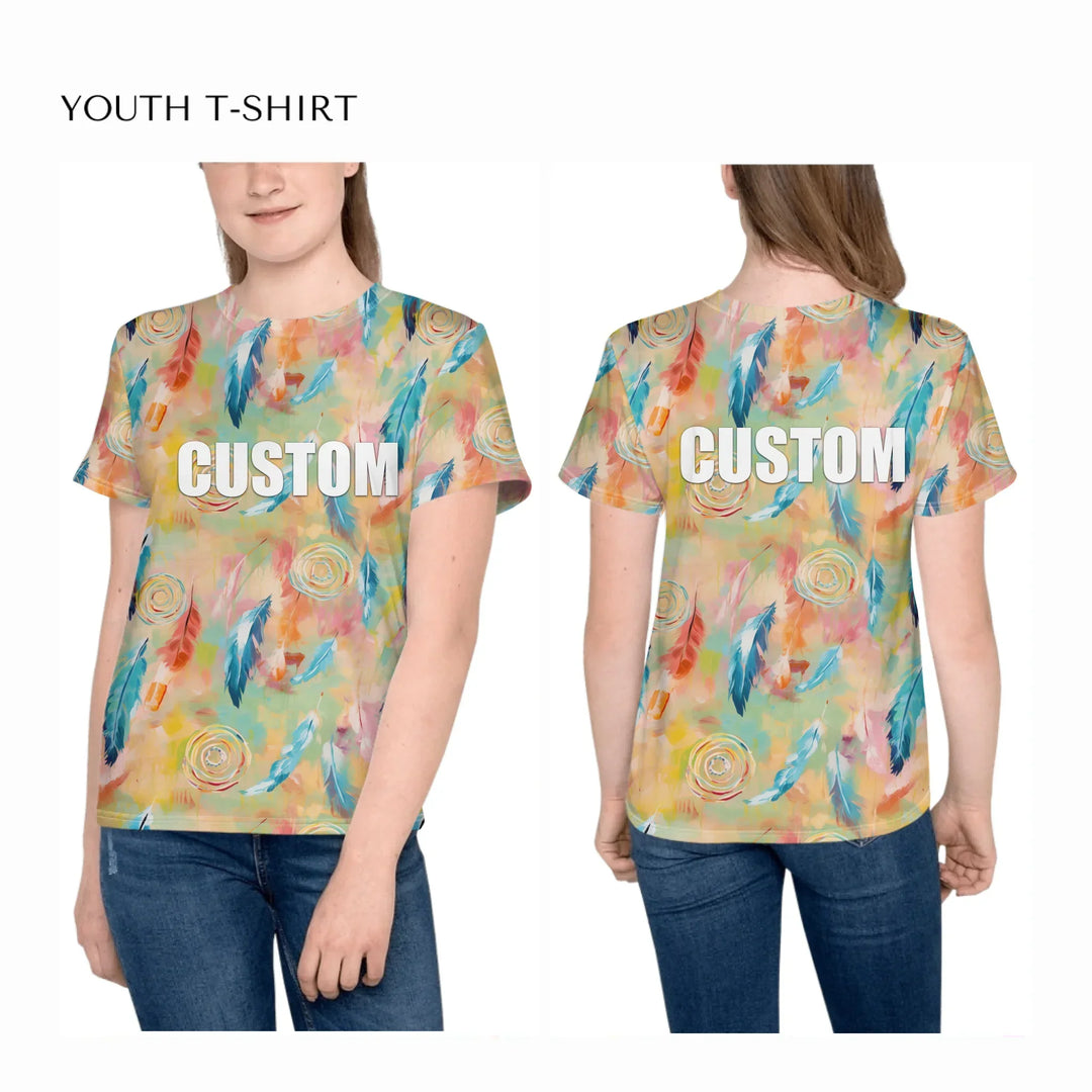 all-over-print-unisex-youth-crew-neck-t-shirt-on-girl-front-and-back-artfulane