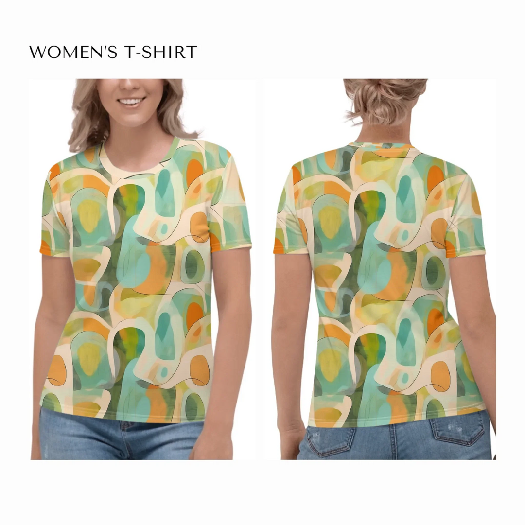 all-over-print-womens-crew-neck-t-shirt-on model-front-and-back-artfulane