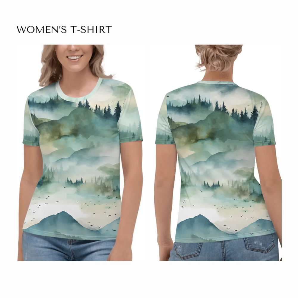 all-over-print-womens-crew-neck-t-shirt-on model-front-and-back-artfulane