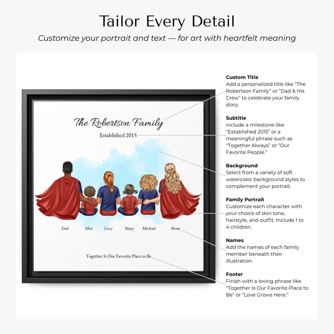 Illustrated superhero family portrait with 1 to 4 children, personalized outfits, skin tones, and watercolor background – custom wall art gift -Customization Options-ARTFULANE