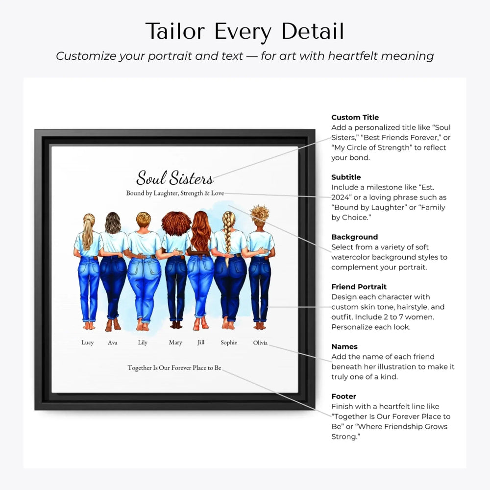 Illustrated custom portrait of 2 to 7 curvy best friends, personalized outfits, skin tones, and hairstyles with watercolor background - Customization Options-ARTFULANE