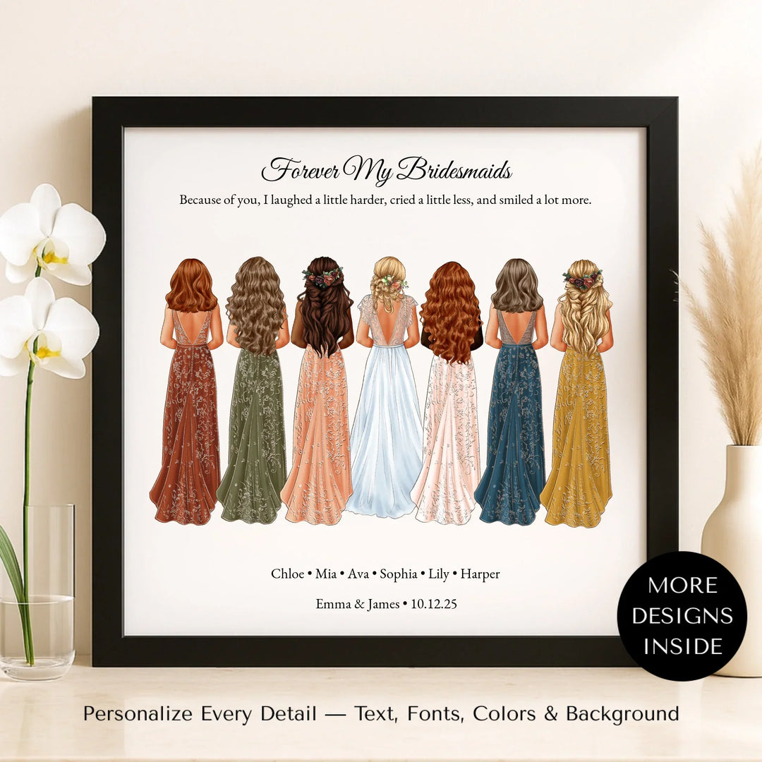 Custom bridesmaid wall art featuring bride with 6 bridesmaids in elegant dresses – personalized names and wedding date included - framed canvas on shelf-ARTFULANE