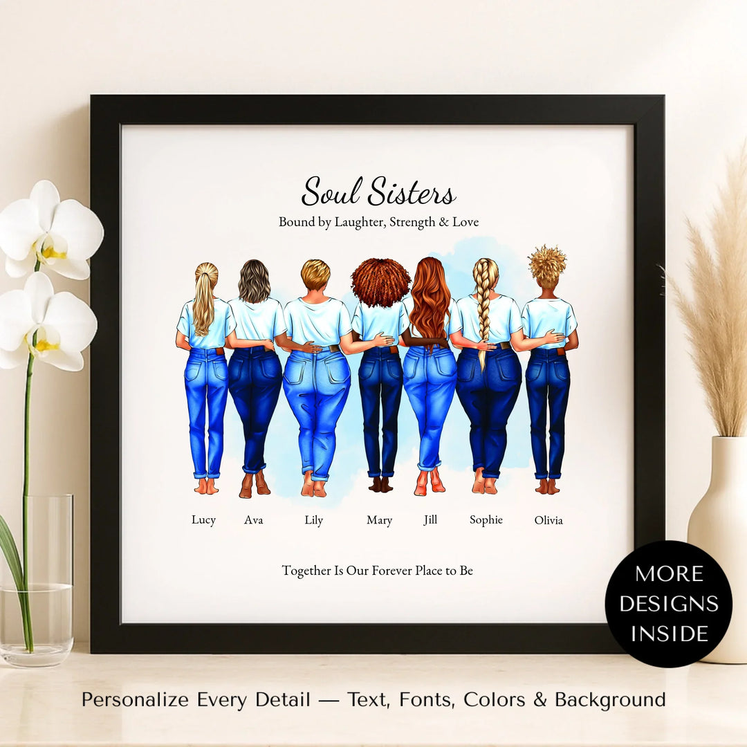 Illustrated custom portrait of 2 to 7 curvy best friends, personalized outfits, skin tones, and hairstyles with watercolor background - framed canvas on shelf-ARTFULANE