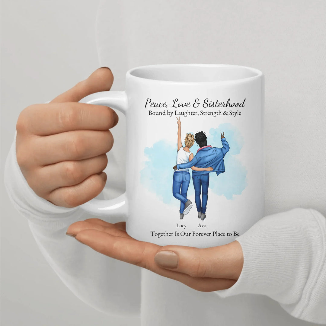 Personalized best friends mug with custom cartoon portrait, names, and quote – perfect sisterhood or friendship gift -ceramic mug in hand-ARTFULANE