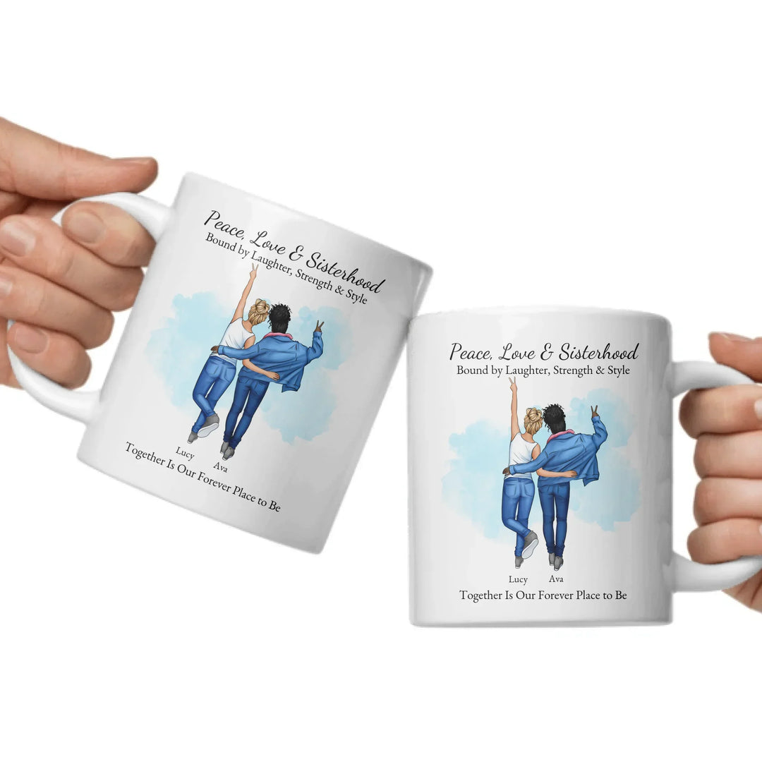 Personalized best friends mug with custom cartoon portrait, names, and quote – perfect sisterhood or friendship gift -ceramic mugs both sides in hands-ARTFULANE