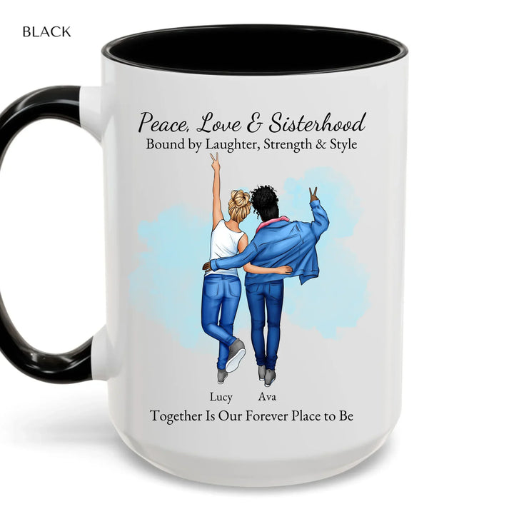 Personalized best friends mug with custom cartoon portrait, names, and quote – perfect sisterhood or friendship gift - accent coffee mug with black handle-ARTFULANE