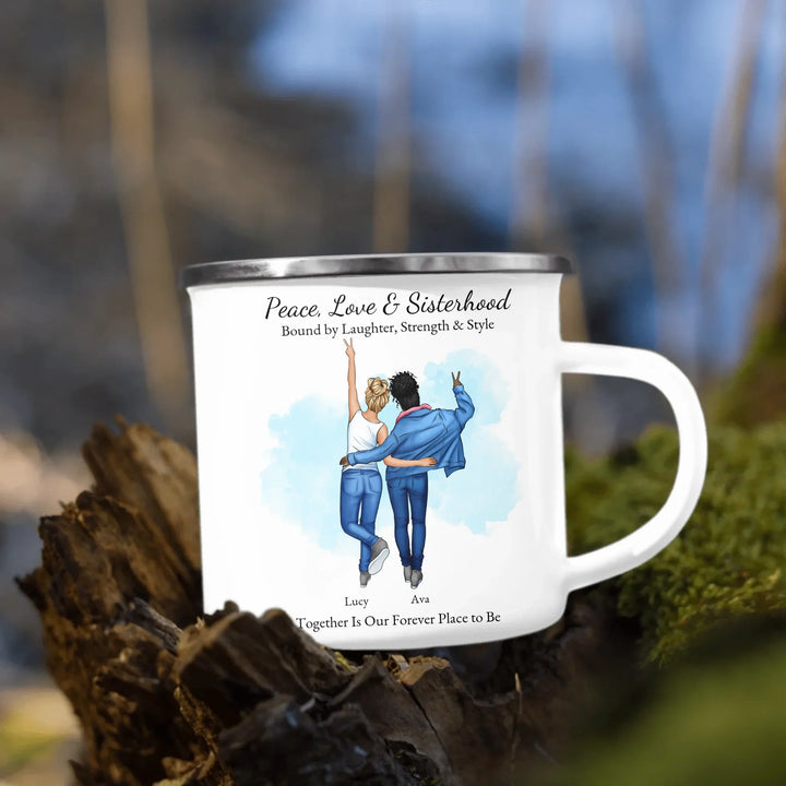 Personalized best friends mug with custom cartoon portrait, names, and quote – perfect sisterhood or friendship gift -enamel camping mug outdoors-ARTFULANE