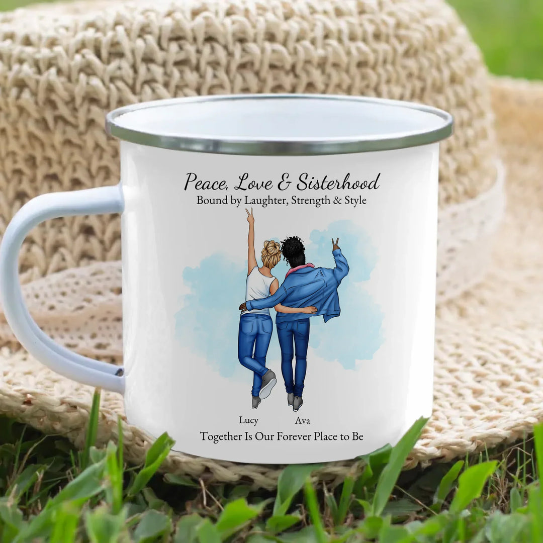 Personalized best friends mug with custom cartoon portrait, names, and quote – perfect sisterhood or friendship gift -enamel camping mug lifestyle-ARTFULANE