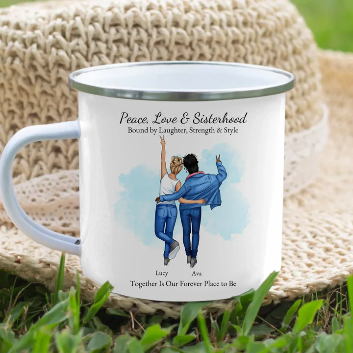 Personalized best friends mug with custom cartoon portrait, names, and quote – perfect sisterhood or friendship gift -enamel camping mug lifestyle-ARTFULANE