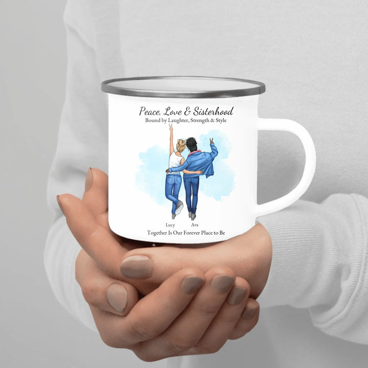 Personalized best friends mug with custom cartoon portrait, names, and quote – perfect sisterhood or friendship gift -enamel camping mug in hand-ARTFULANE