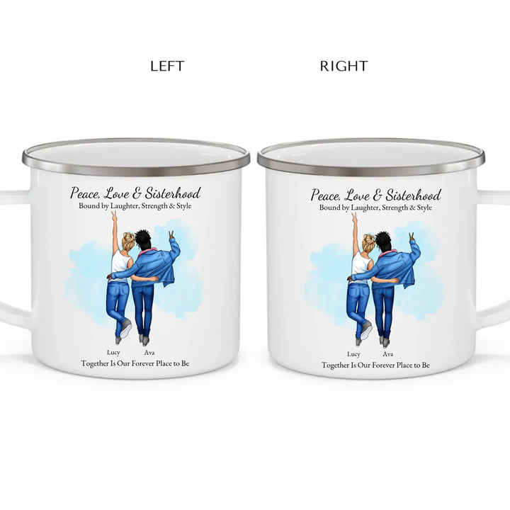 Personalized best friends mug with custom cartoon portrait, names, and quote – perfect sisterhood or friendship gift -enamel camping mug 2 views-ARTFULANE