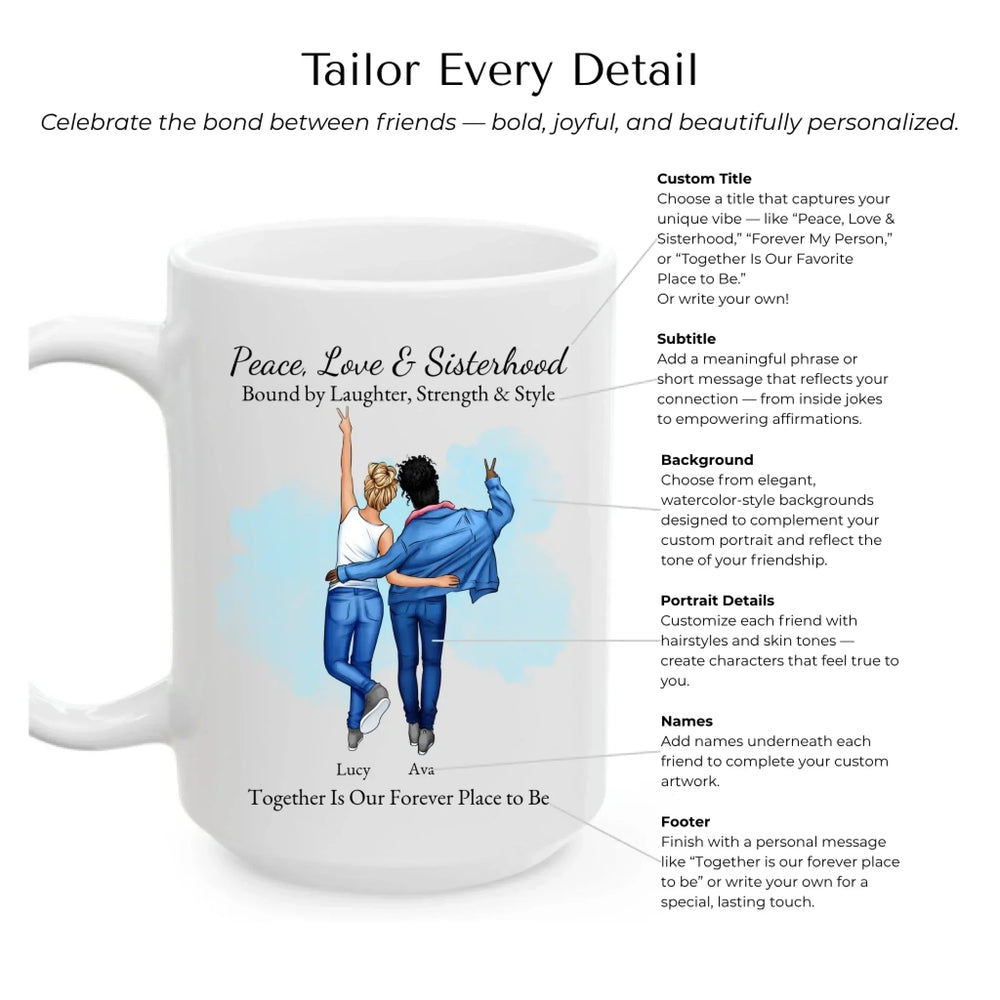 Personalized best friends mug with custom cartoon portrait, names, and quote – perfect sisterhood or friendship gift -Mug Customization Options-ARTFULANE