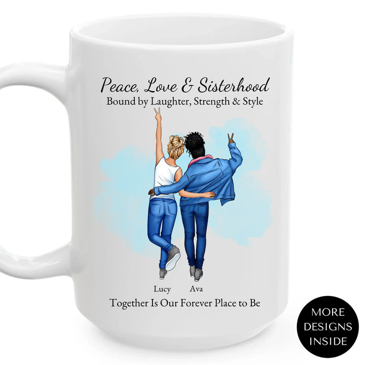 Personalized best friends mug with custom cartoon portrait, names, and quote – perfect sisterhood or friendship gift -ARTFULANE