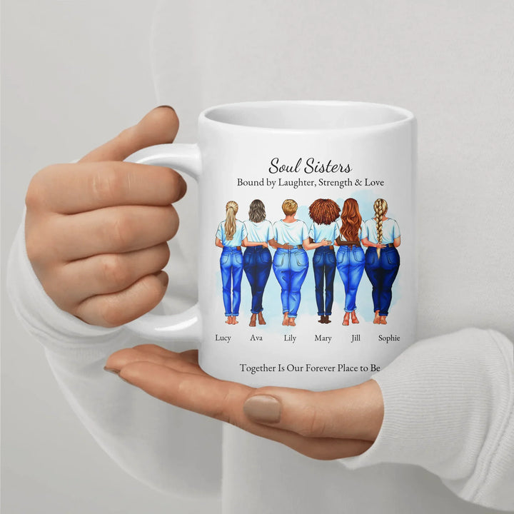 Custom soul sisters mug with illustrated group of best friends, matching outfits, names, and heartfelt quote – friendship gift - ceramic mug in hand-ARTFULANE