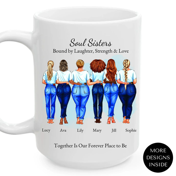 Custom soul sisters mug with illustrated group of best friends, matching outfits, names, and heartfelt quote – friendship gift - ARTFULANE