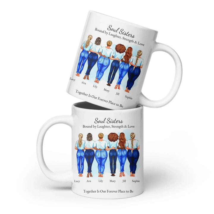 Custom soul sisters mug with illustrated group of best friends, matching outfits, names, and heartfelt quote – friendship gift - ceramic mug both sides-ARTFULANE