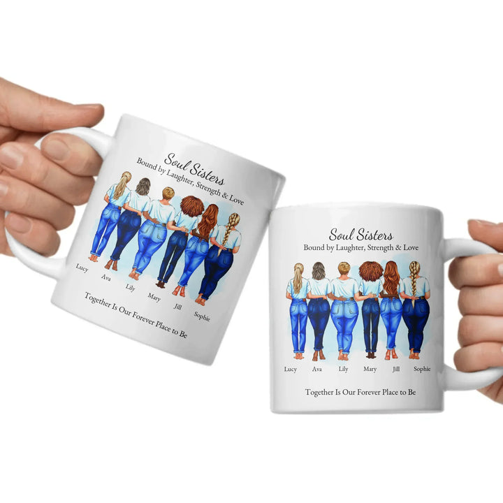 Custom soul sisters mug with illustrated group of best friends, matching outfits, names, and heartfelt quote – friendship gift - ceramic mugs both sides in hands-ARTFULANE