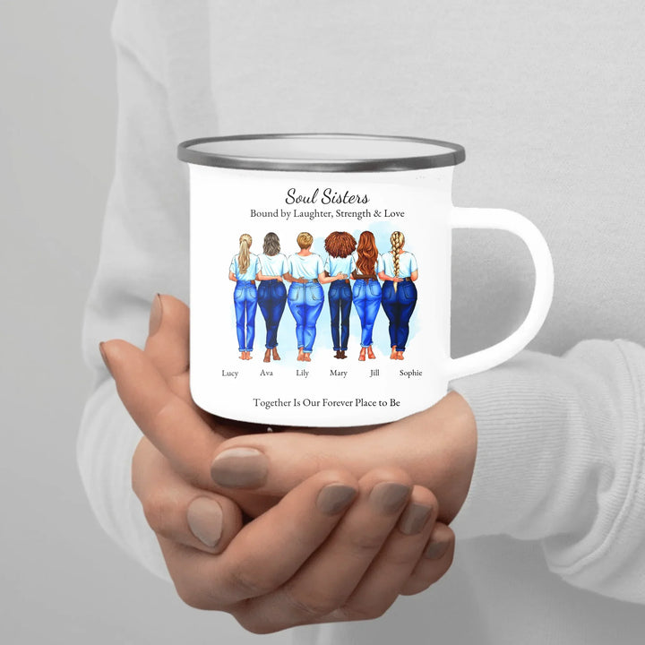 Custom soul sisters mug with illustrated group of best friends, matching outfits, names, and heartfelt quote – friendship gift - enamel camping mug in hand-ARTFULANE