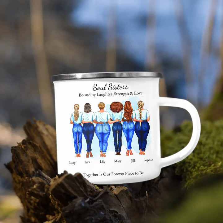 Custom soul sisters mug with illustrated group of best friends, matching outfits, names, and heartfelt quote – friendship gift - enamel camping mug outdoors-ARTFULANE