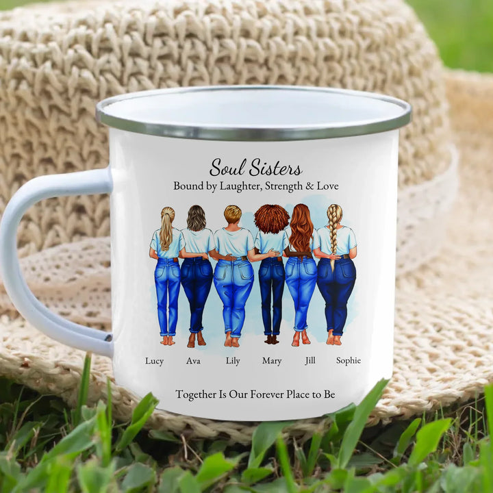 Custom soul sisters mug with illustrated group of best friends, matching outfits, names, and heartfelt quote – friendship gift - enamel camping mug lifestyle-ARTFULANE