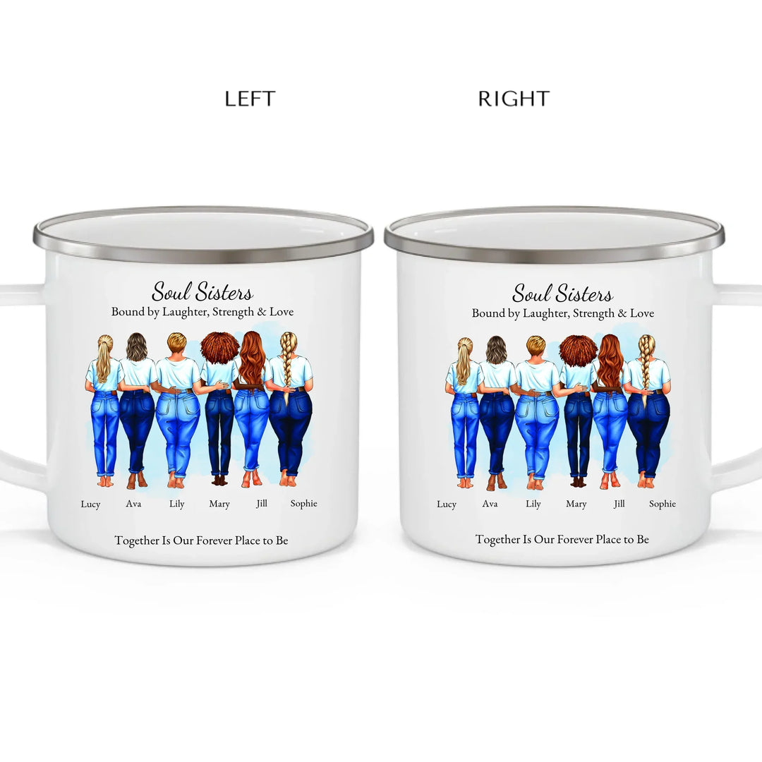 Custom soul sisters mug with illustrated group of best friends, matching outfits, names, and heartfelt quote – friendship gift - enamel camping mug 2 views-ARTFULANE
