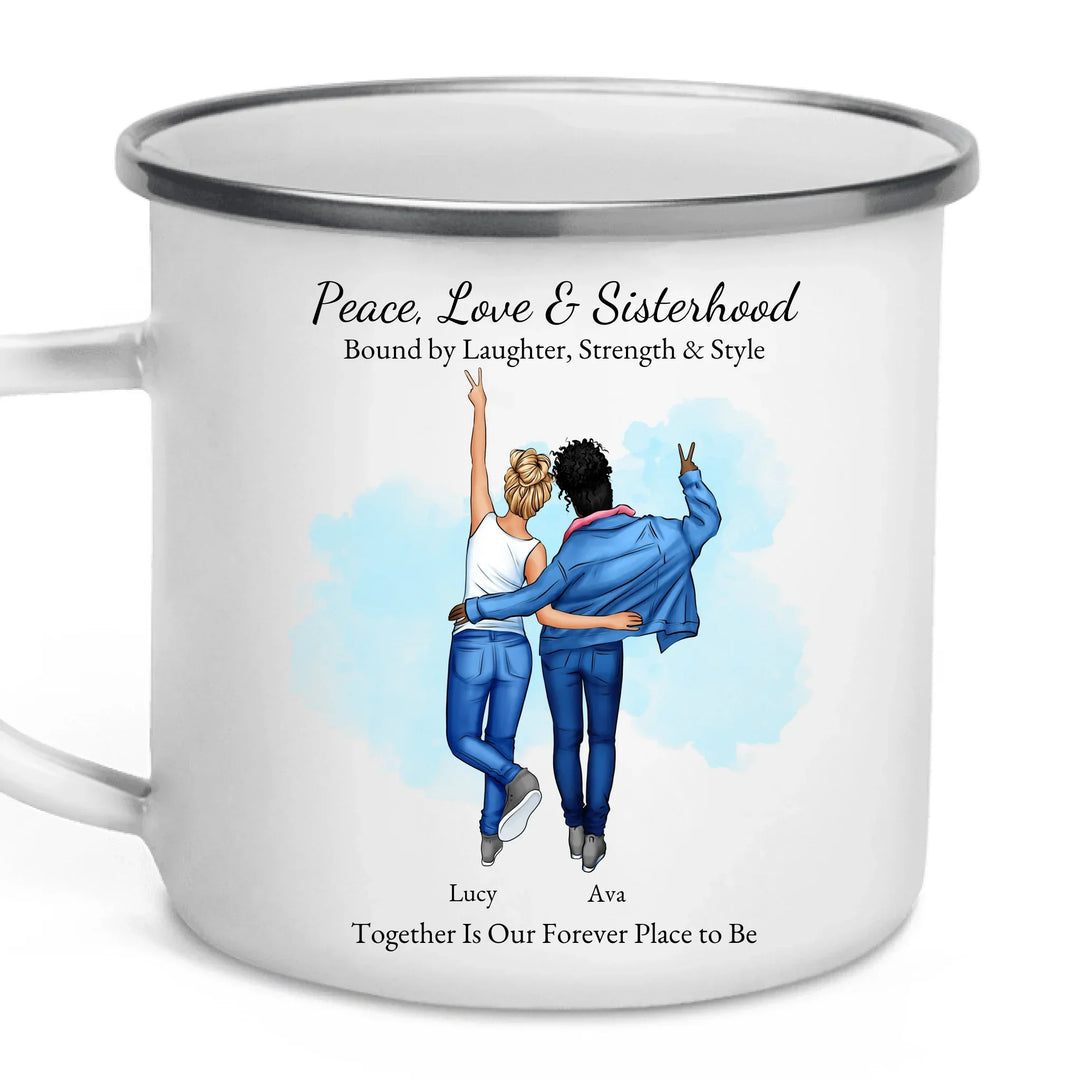 Personalized best friends mug with custom cartoon portrait, names, and quote – perfect sisterhood or friendship gift -enamel camping mug-ARTFULANE