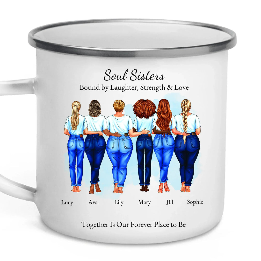 Custom soul sisters mug with illustrated group of best friends, matching outfits, names, and heartfelt quote – friendship gift - enamel camping mug-ARTFULANE