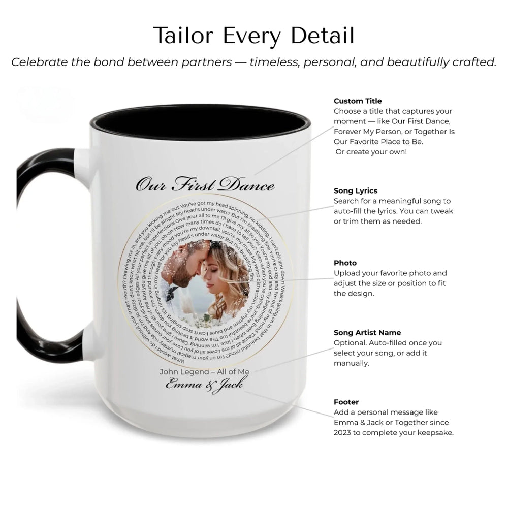 Custom song lyrics photo mug featuring circular text design and couple's picture – personalized gift for music lovers, couples, or anniversaries -Mug Customization Options-ARTFULANE