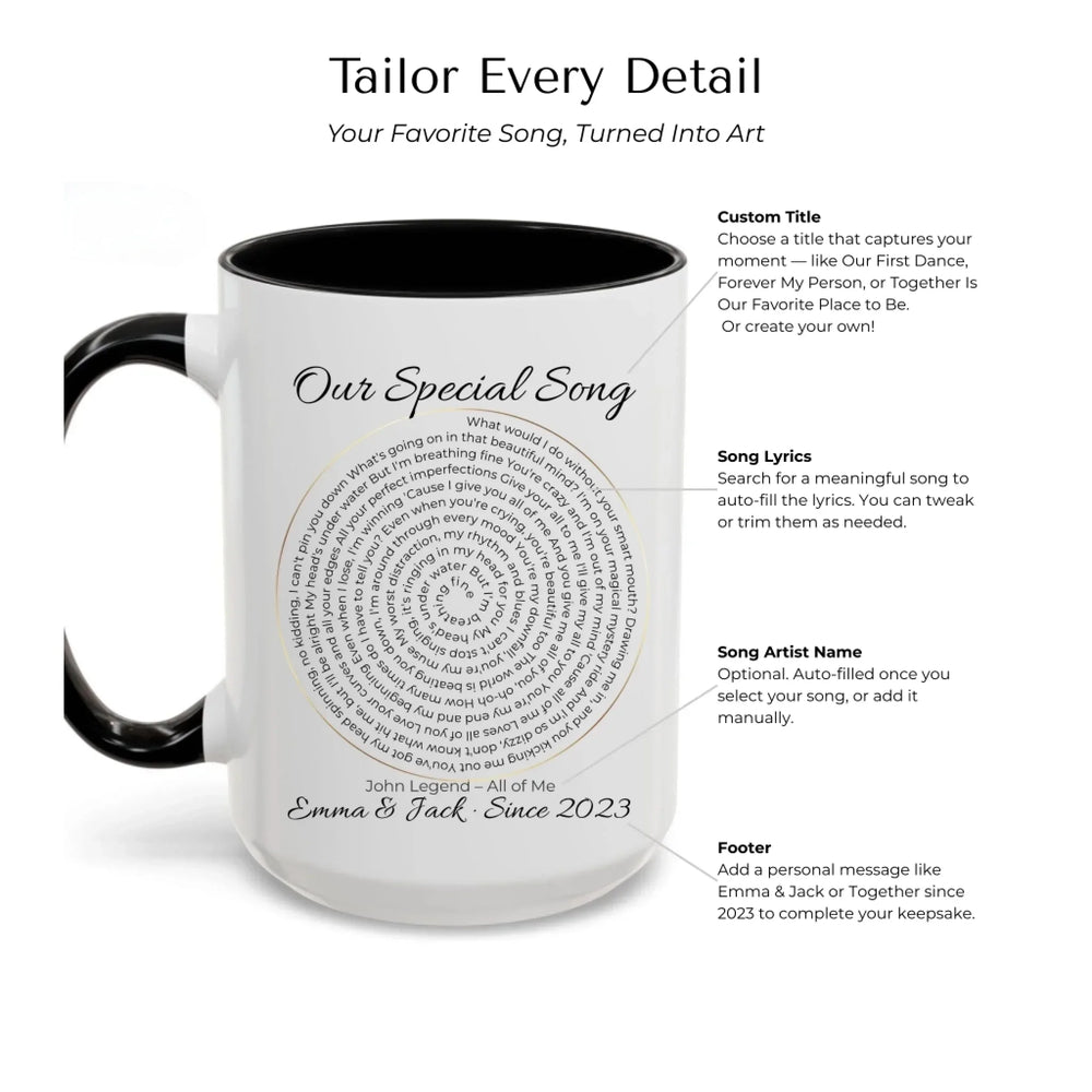 Custom mug with spiral song lyrics and personalized text — unique gift for music lovers, weddings, or special occasions -Mug Customization Options-ARTFULANE