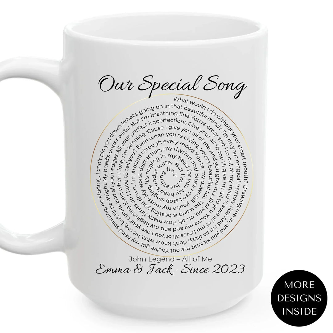Custom mug with spiral song lyrics and personalized text — unique gift for music lovers, weddings, or special occasions - ARTFULANE