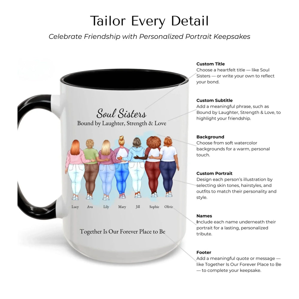 Custom best friends mug with personalized portraits, names, and title -Mug Customization Options-ARTFULANE
