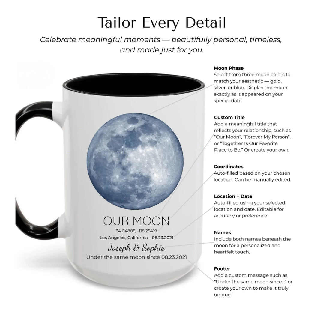 Personalized moon phase mug with custom date, coordinates, and names, perfect gift for couples, friends, and special milestones -Mug Customization Options-ARTFULANE