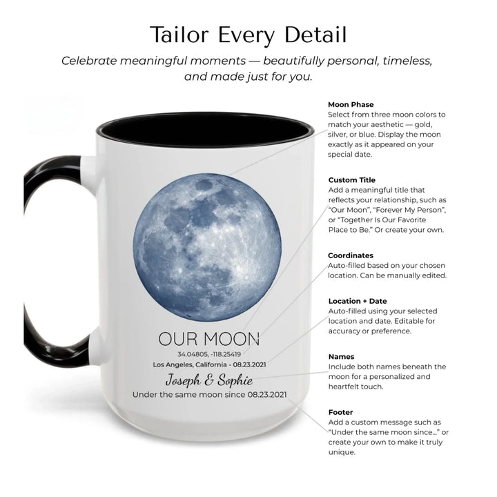 Personalized moon phase mug with custom date, coordinates, and names, perfect gift for couples, friends, and special milestones -Mug Customization Options-ARTFULANE