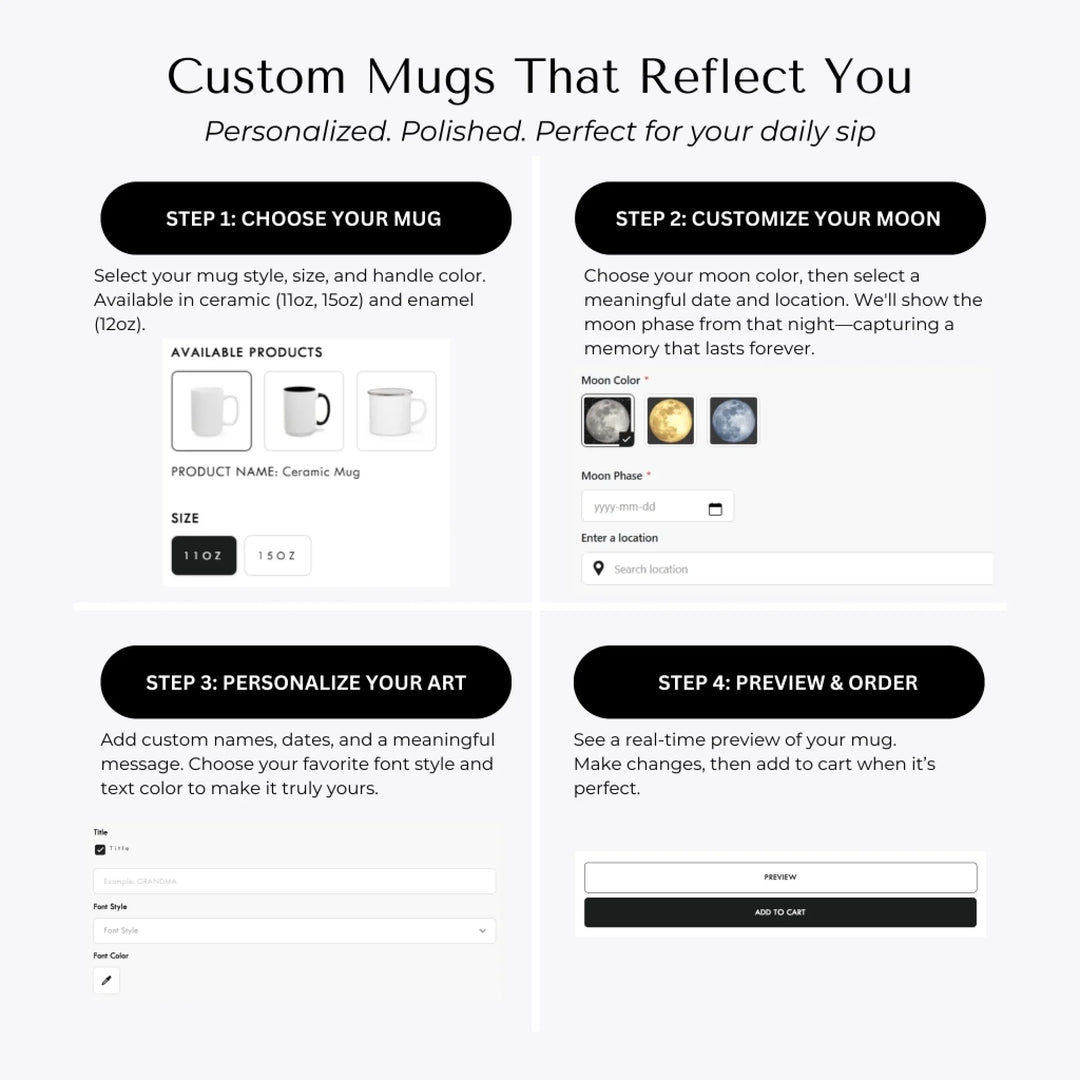 Personalized moon phase mug with custom date, coordinates, and names, perfect gift for couples, friends, and special milestones -How to Customize Mugs-ARTFULANE