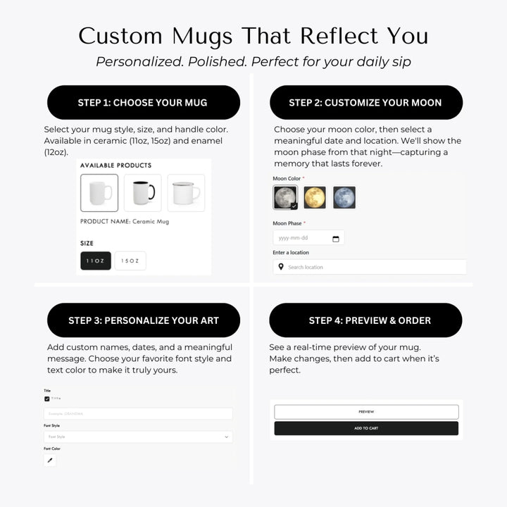 Personalized moon phase mug with custom date, coordinates, and names, perfect gift for couples, friends, and special milestones -How to Customize Mugs-ARTFULANE