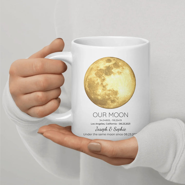 Personalized moon phase mug with custom date, coordinates, and names, perfect gift for couples, friends, and special milestones -ARTFULANE